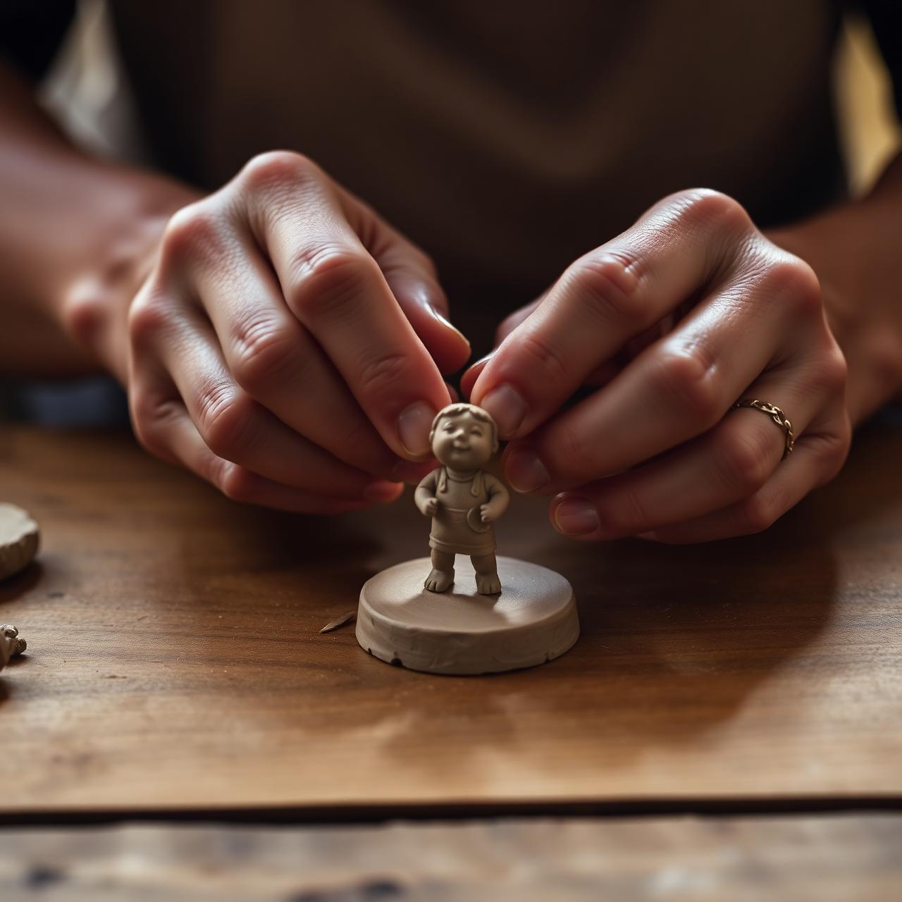 Mãos da artesã JuCôrtes modelando uma peça em biscuit